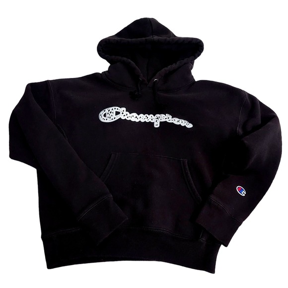 Champion Y2K Reverse‎ Weave Hoodie Small Black Spellout Embroidered - Picture 6 of 6